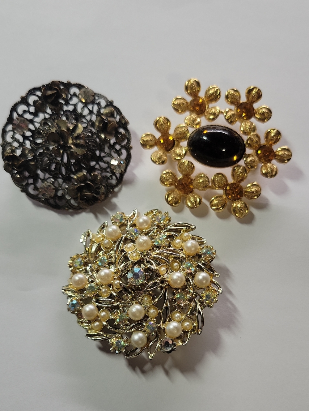 Gold Tone Pearl and Crystal Floral Brooch - Women's Jewelry